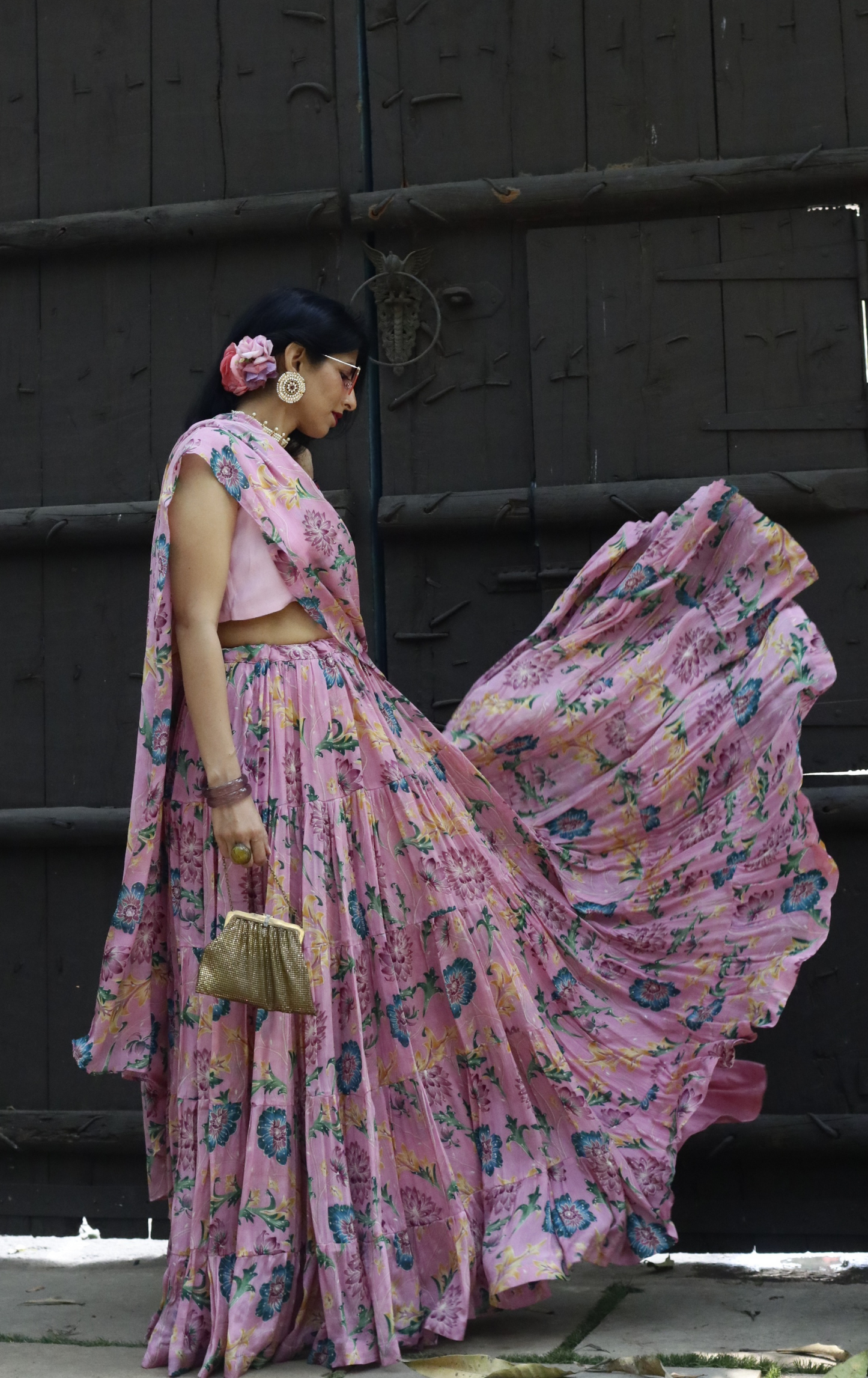 'Pink Paisley' Printed Fun Light Lehenga Saree : Fun Tiered Ready To Wear Lehenga Saree