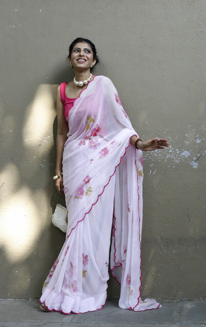 Buy Floral Pure Chiffon Hand Painted Saree Online : 'Cherry Blossom' Floral Pure Chiffon Saree With Scalloped Edges