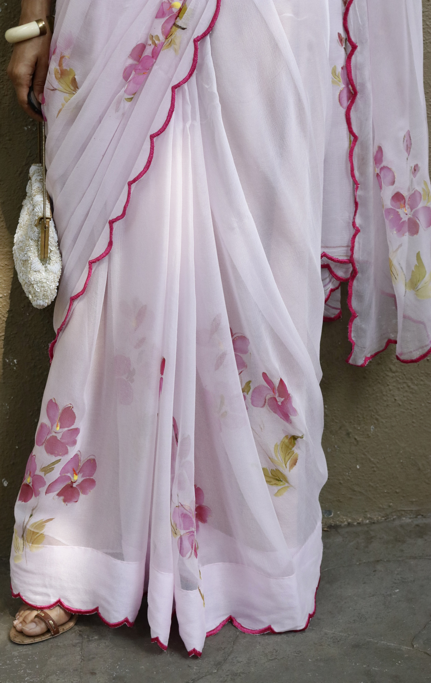 Buy Floral Pure Chiffon Hand Painted Saree Online : 'Cherry Blossom' Floral Pure Chiffon Saree With Scalloped Edges