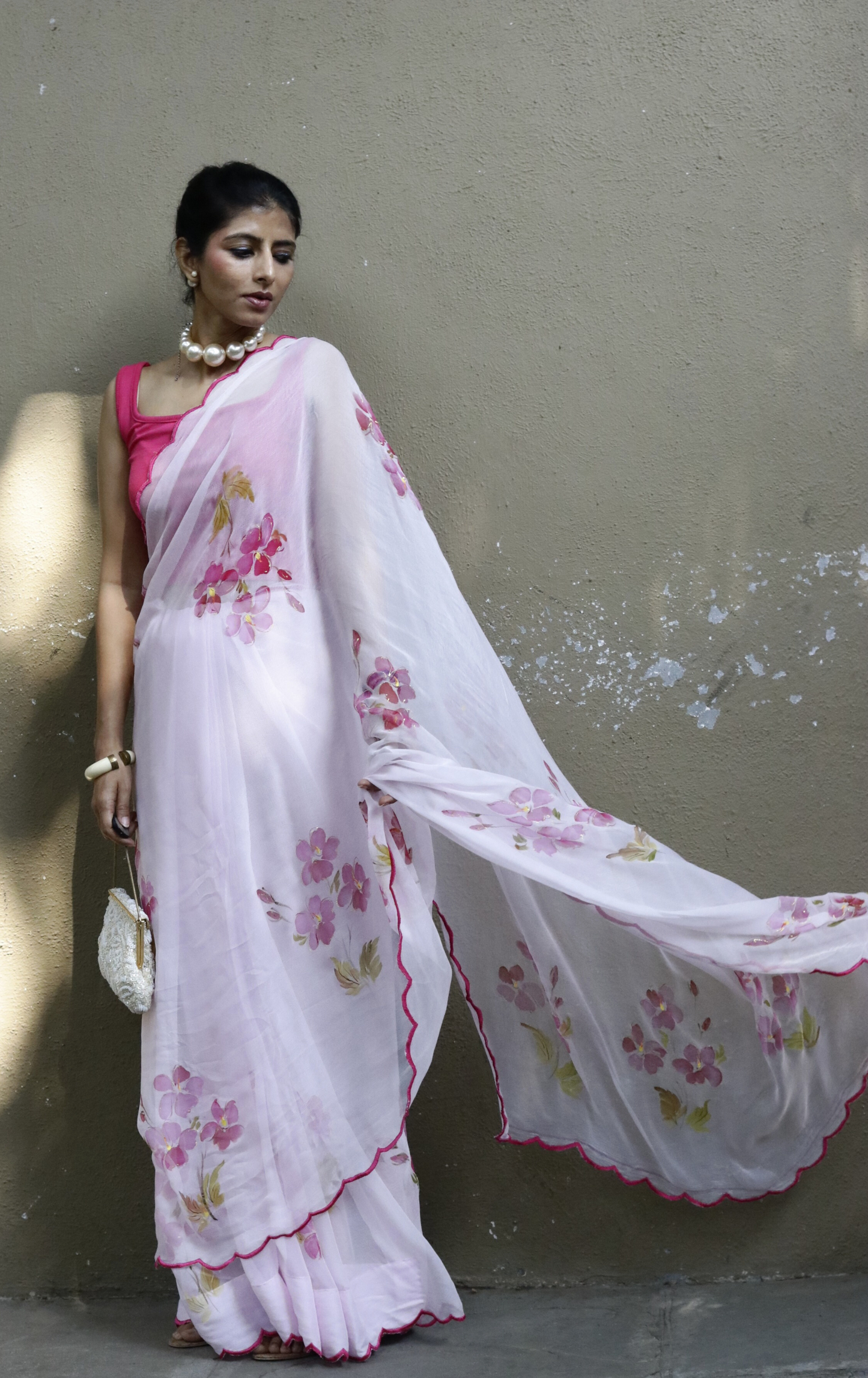 Buy Floral Pure Chiffon Hand Painted Saree Online : 'Cherry Blossom' Floral Pure Chiffon Saree With Scalloped Edges