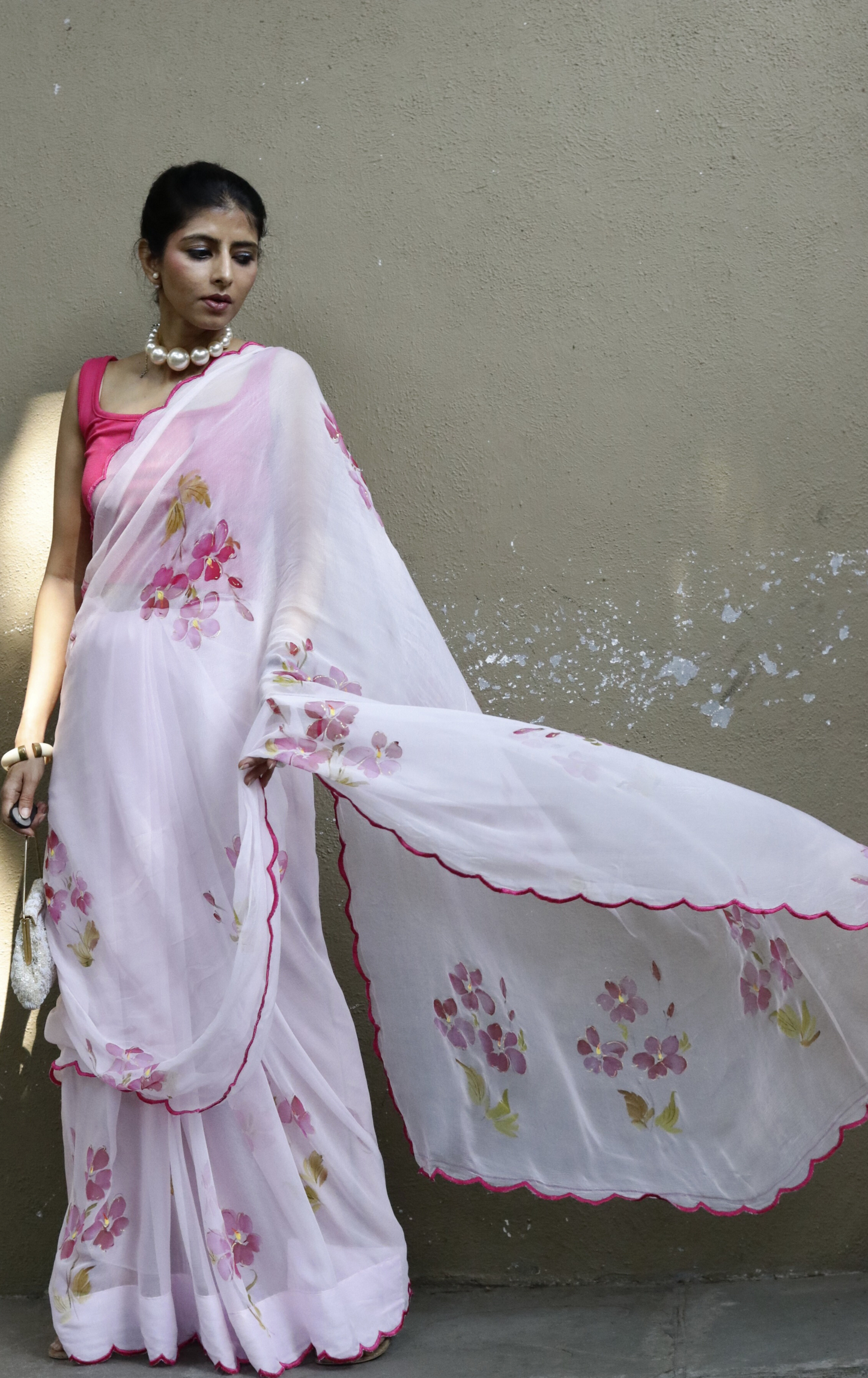 Buy Floral Pure Chiffon Hand Painted Saree Online : 'Cherry Blossom' Floral Pure Chiffon Saree With Scalloped Edges
