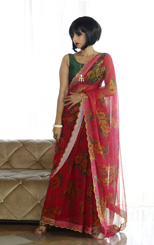 Buy Floral Chiffon Saree Online : 'Malti' Pink Floral Semi Chiffon Saree With Scalloped Edges