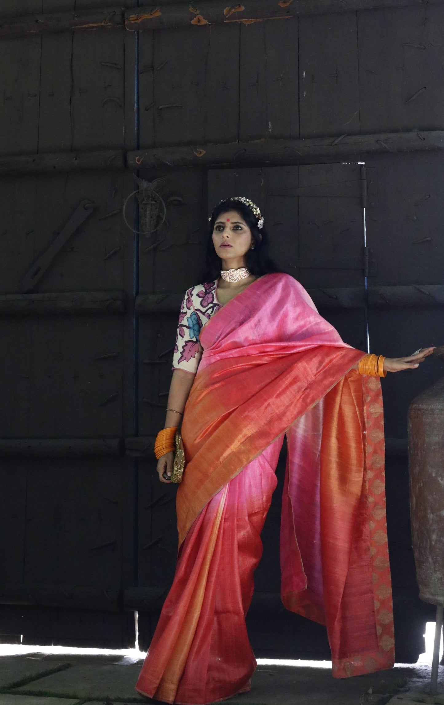 The Pink Sky Raw Silk Shaded Saree : Ombre Pink Raw Silk Saree