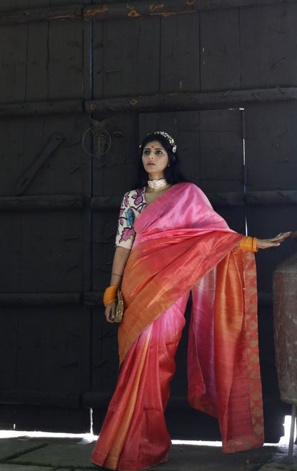 The Pink Sky Raw Silk Shaded Saree : Ombre Pink Raw Silk Saree