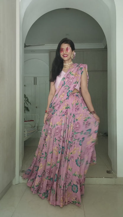 'Pink Paisley' Printed Fun Light Lehenga Saree : Fun Tiered Ready To Wear Lehenga Saree