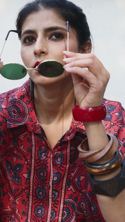 Ajrakh Kaftan Kurta Dress 'Gulzaar' : Modal Ajrakh Hand Block Kaftan Kurta &amp; Palazzo Set