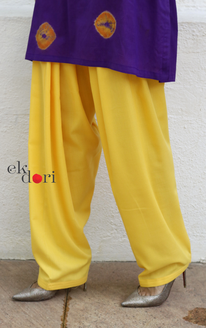 Bandhani Cotton Kurta Salwar Co-ord Set in Purple & Yellow | 'Purple Please' | Ek Dori
