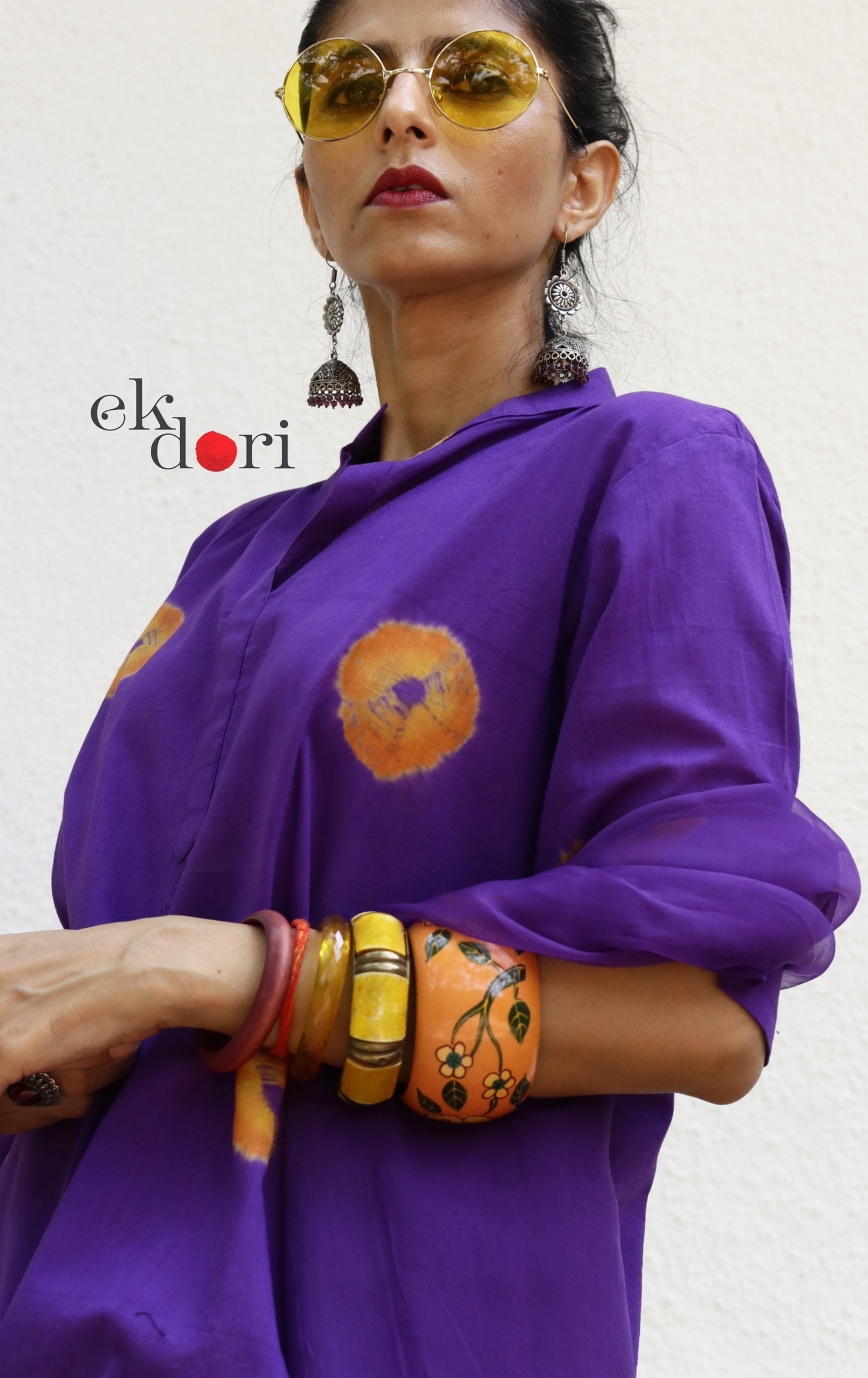 Bandhani Cotton Kurta Salwar Co-ord Set in Purple & Yellow | 'Purple Please' | Ek Dori