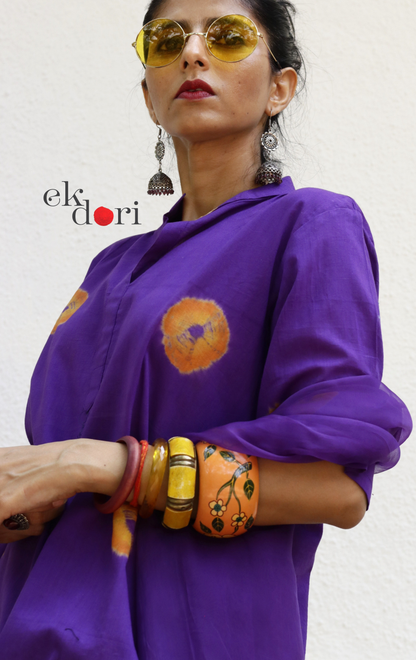 Bandhani Cotton Kurta Salwar Co-ord Set in Purple & Yellow | 'Purple Please' | Ek Dori
