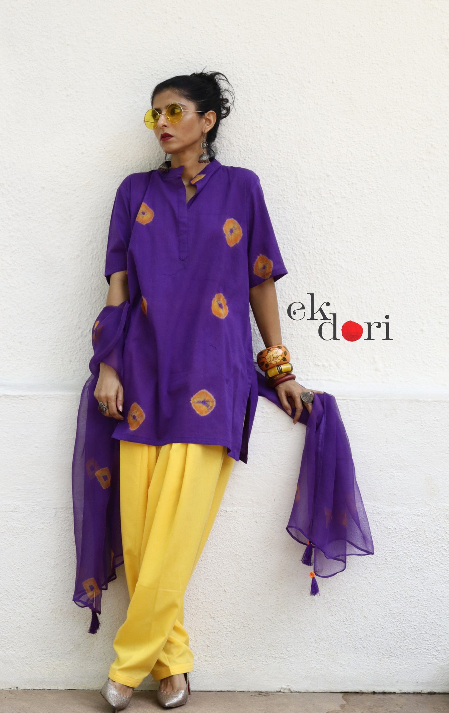 Bandhani Cotton Kurta Salwar Co-ord Set in Purple & Yellow | 'Purple Please' | Ek Dori