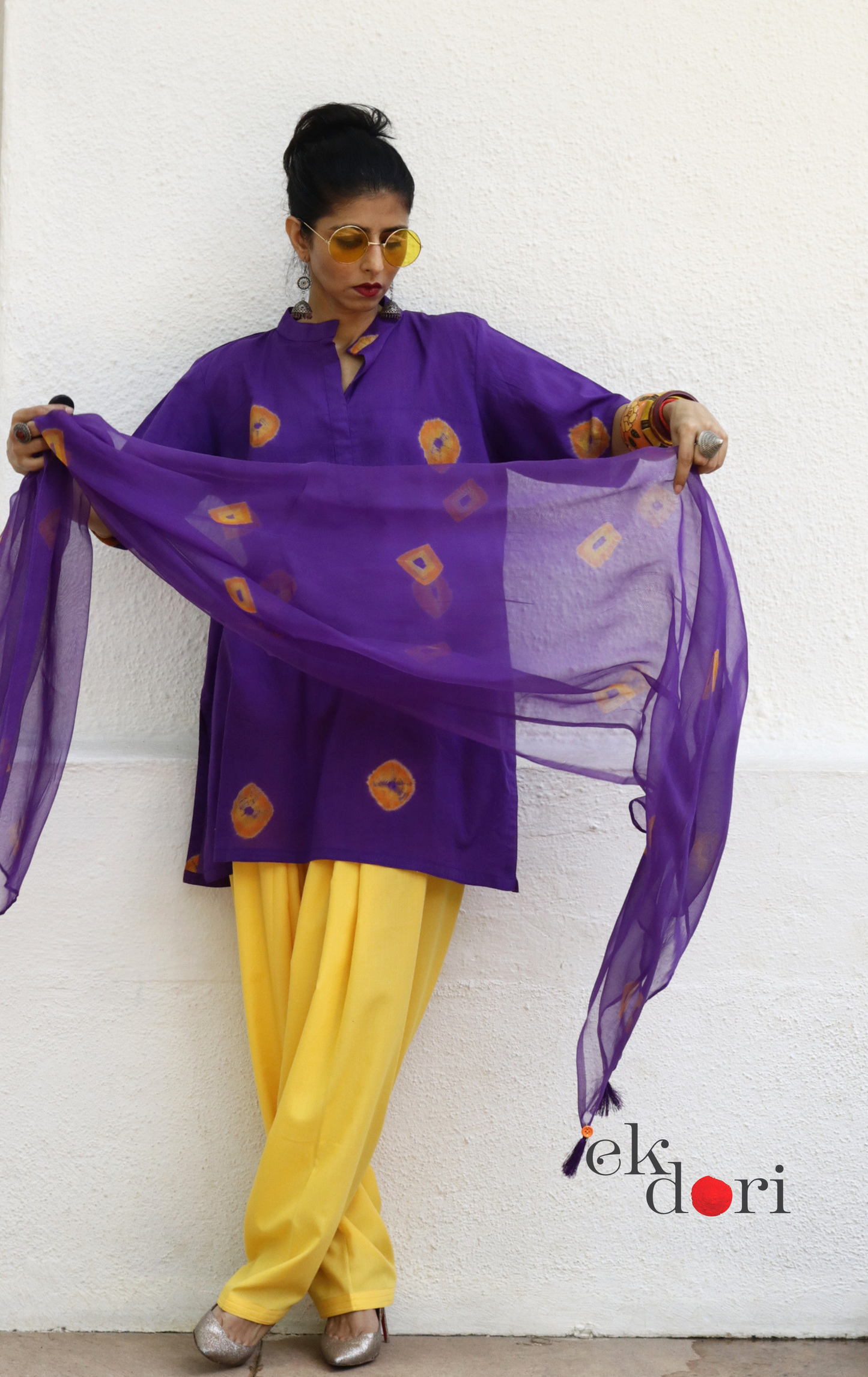 Bandhani Cotton Kurta Salwar Co-ord Set in Purple & Yellow | 'Purple Please' | Ek Dori