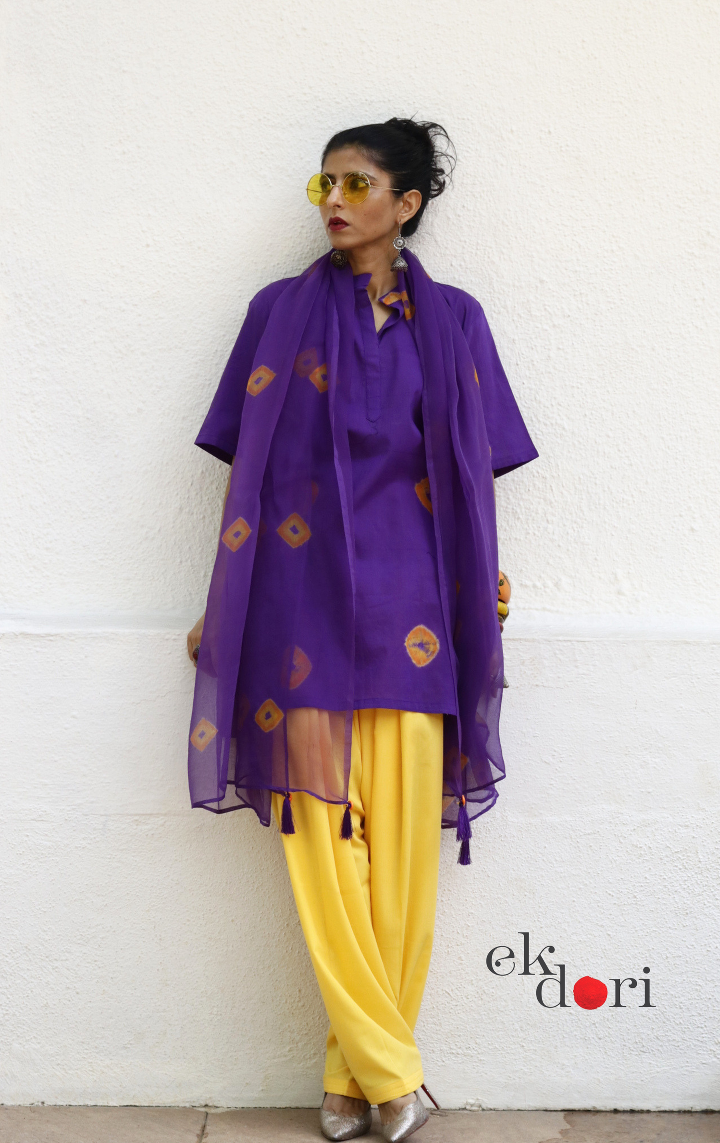 Bandhani Cotton Kurta Salwar Co-ord Set in Purple & Yellow | 'Purple Please' | Ek Dori