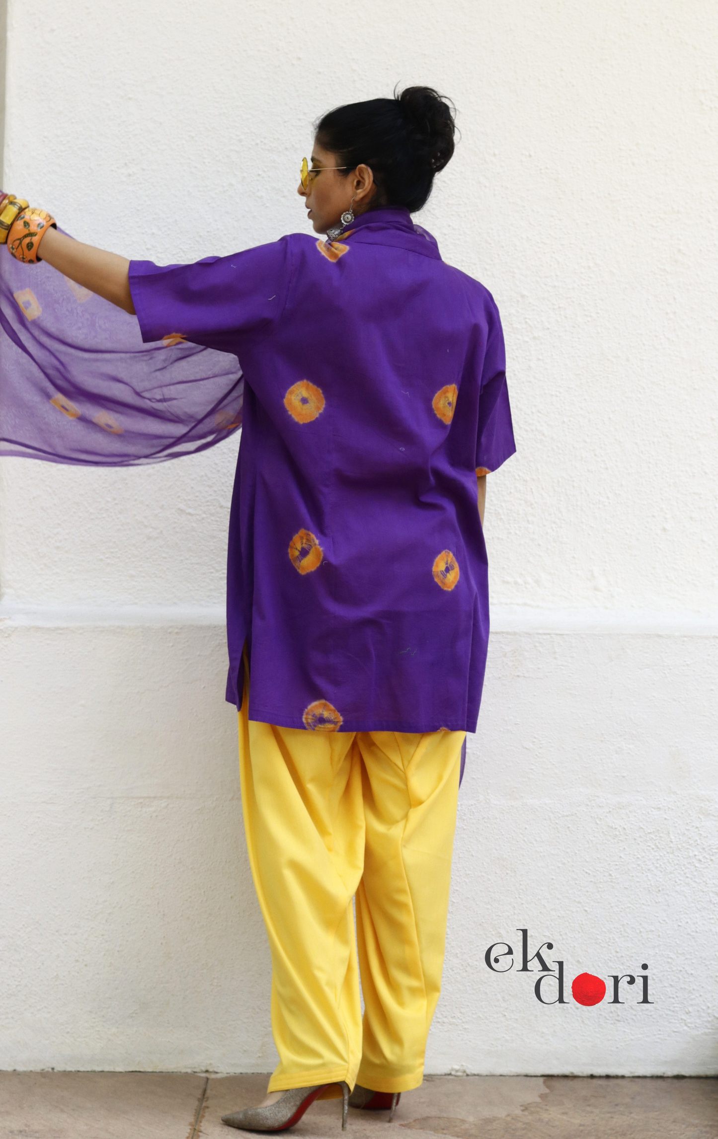 Bandhani Cotton Kurta Salwar Co-ord Set in Purple & Yellow | 'Purple Please' | Ek Dori
