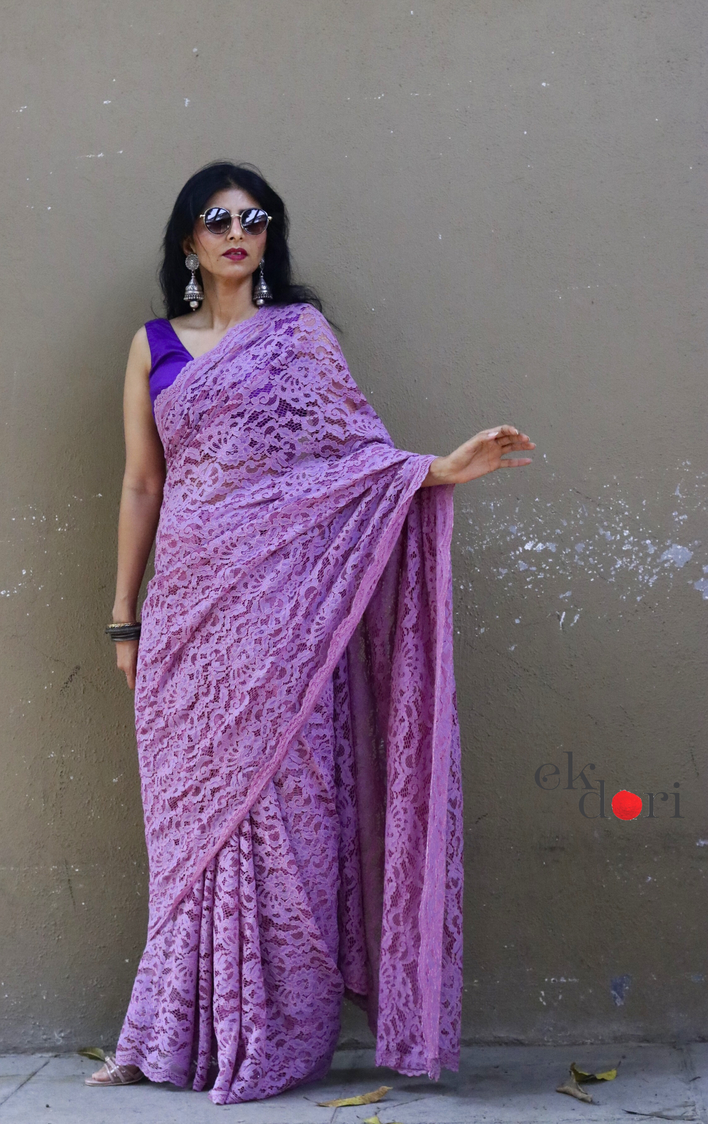 Buy Lavender Lace Saree : Purple Viscose Lace Floral Scalloped Lace Saree