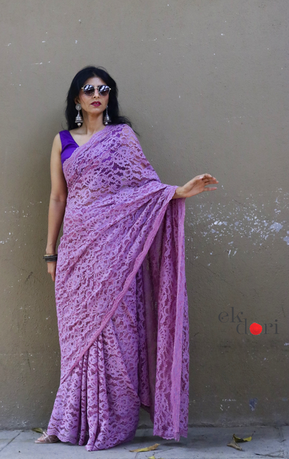 Buy Lavender Lace Saree : Purple Viscose Lace Floral Scalloped Lace Saree