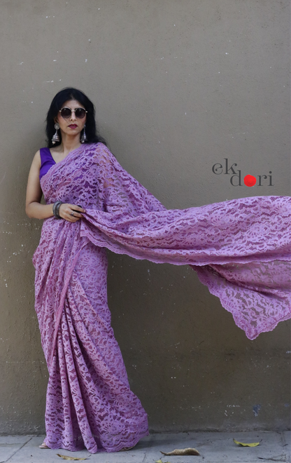 Buy Lavender Lace Saree : Purple Viscose Lace Floral Scalloped Lace Saree