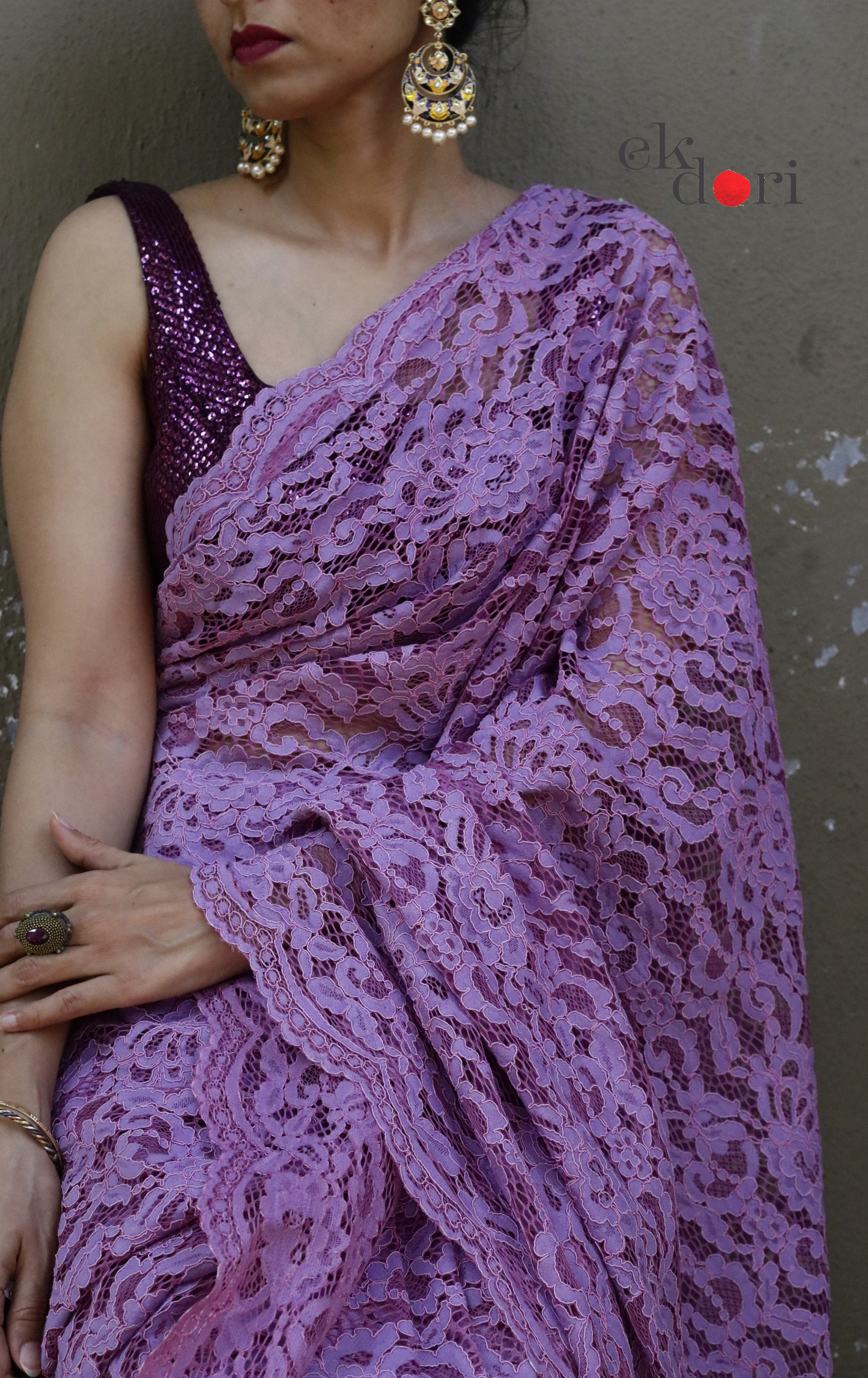Buy Lavender Lace Saree : Purple Viscose Lace Floral Scalloped Lace Saree