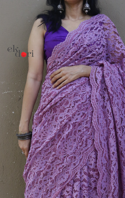 Buy Lavender Lace Saree : Purple Viscose Lace Floral Scalloped Lace Saree