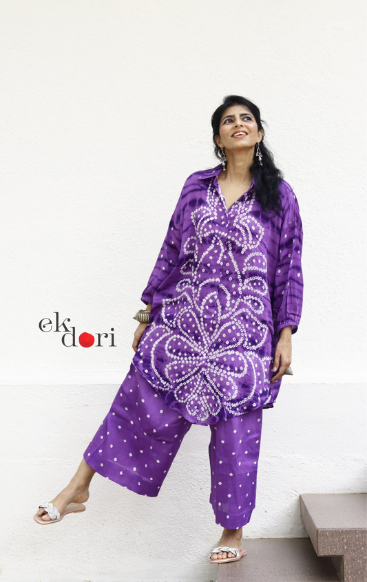 Bandhani 'Purple Please' Purple Cotton Co-ord Set : Buy Kurta Palazzo Cotton Co-ord Set Cotton Bandhani And Shibori Set