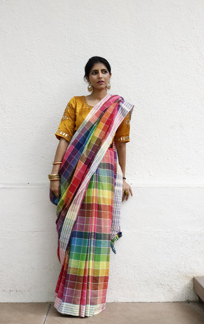 The Pink Rainbow Bhujodi Saree : Pure Kala Cotton Bhujodi Handloom Saree