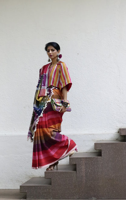 The Pink Stripes Rainbow Bhujodi Saree : Pure Kala Cotton Bhujodi Handloom Saree