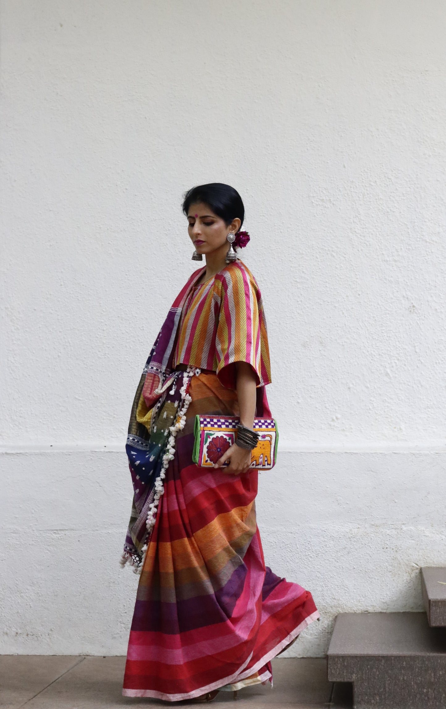 The Pink Stripes Rainbow Bhujodi Saree : Pure Kala Cotton Bhujodi Handloom Saree