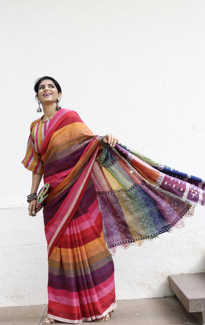 The Pink Stripes Rainbow Bhujodi Saree : Pure Kala Cotton Bhujodi Handloom Saree