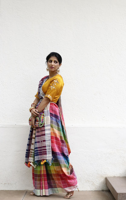 The Pink ' Check Mate' Rainbow Bhujodi Saree : Pure Kala Cotton Bhujodi Handloom Saree