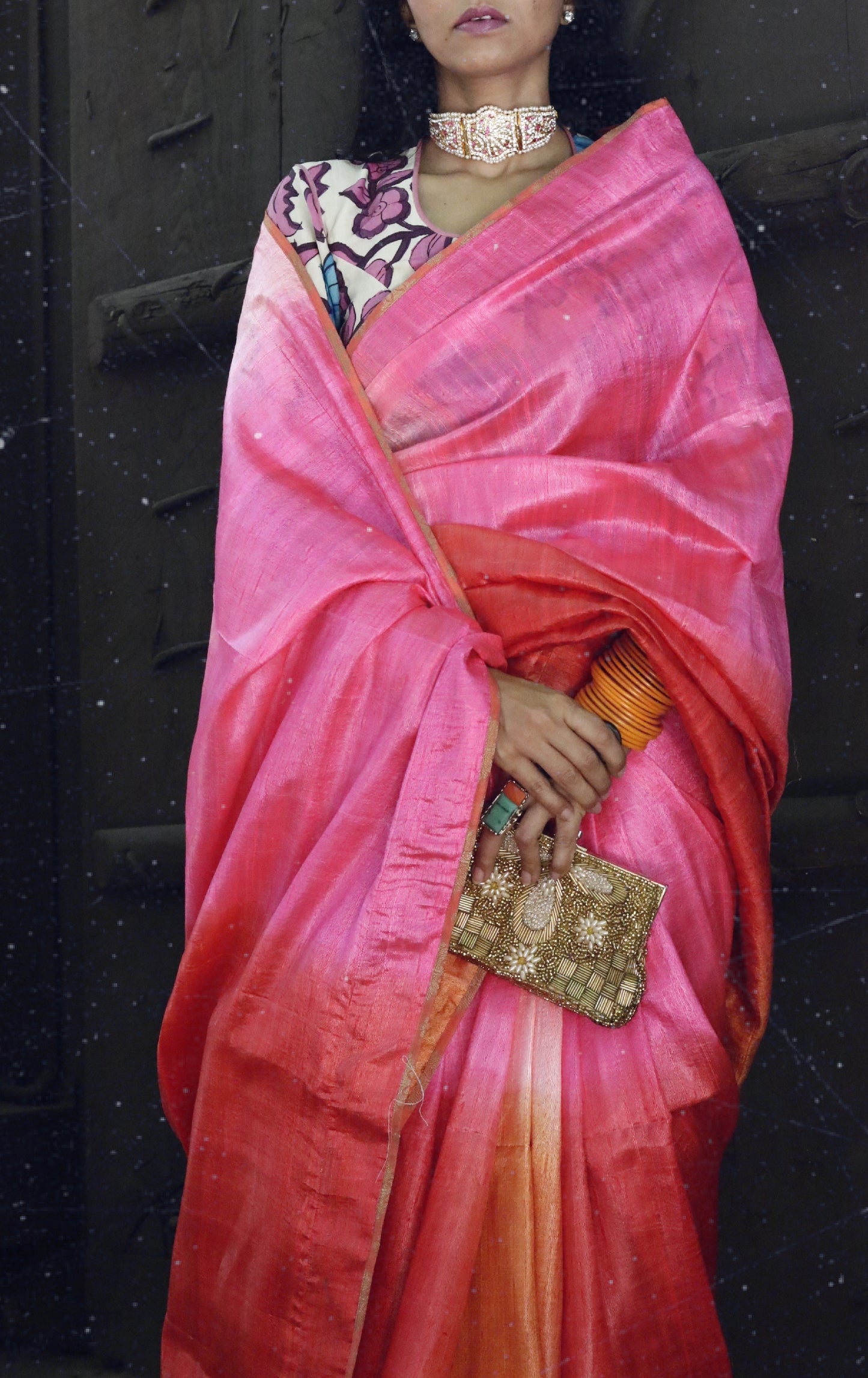 The Pink Sky Raw Silk Shaded Saree : Ombre Pink Raw Silk Saree