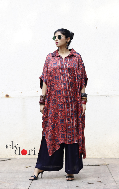Ajrakh Kaftan Kurta Dress 'Gulzaar' : Modal Ajrakh Hand Block Kaftan Kurta &amp; Palazzo Set