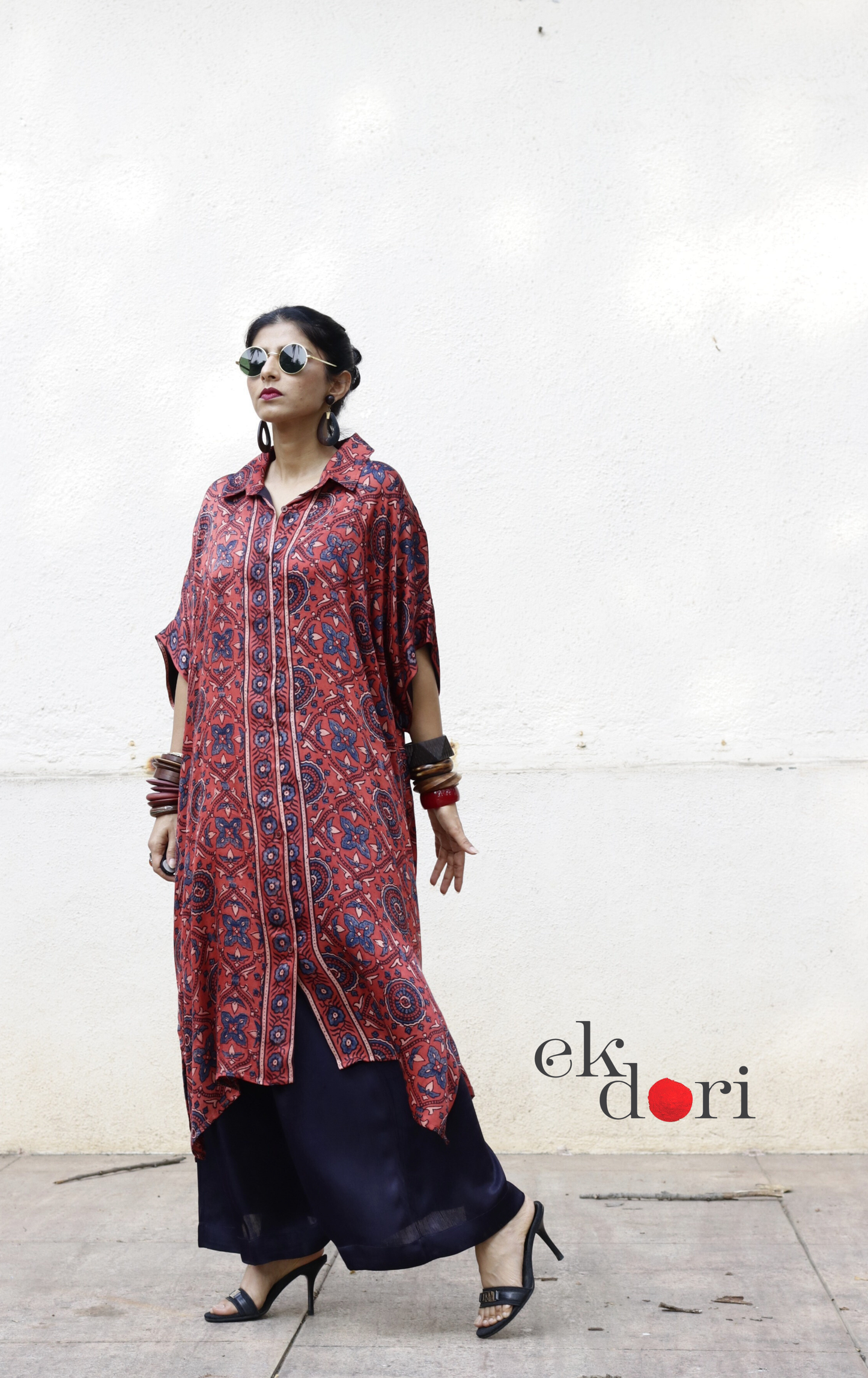 Ajrakh Kaftan Kurta Dress 'Gulzaar' : Modal Ajrakh Hand Block Kaftan Kurta &amp; Palazzo Set