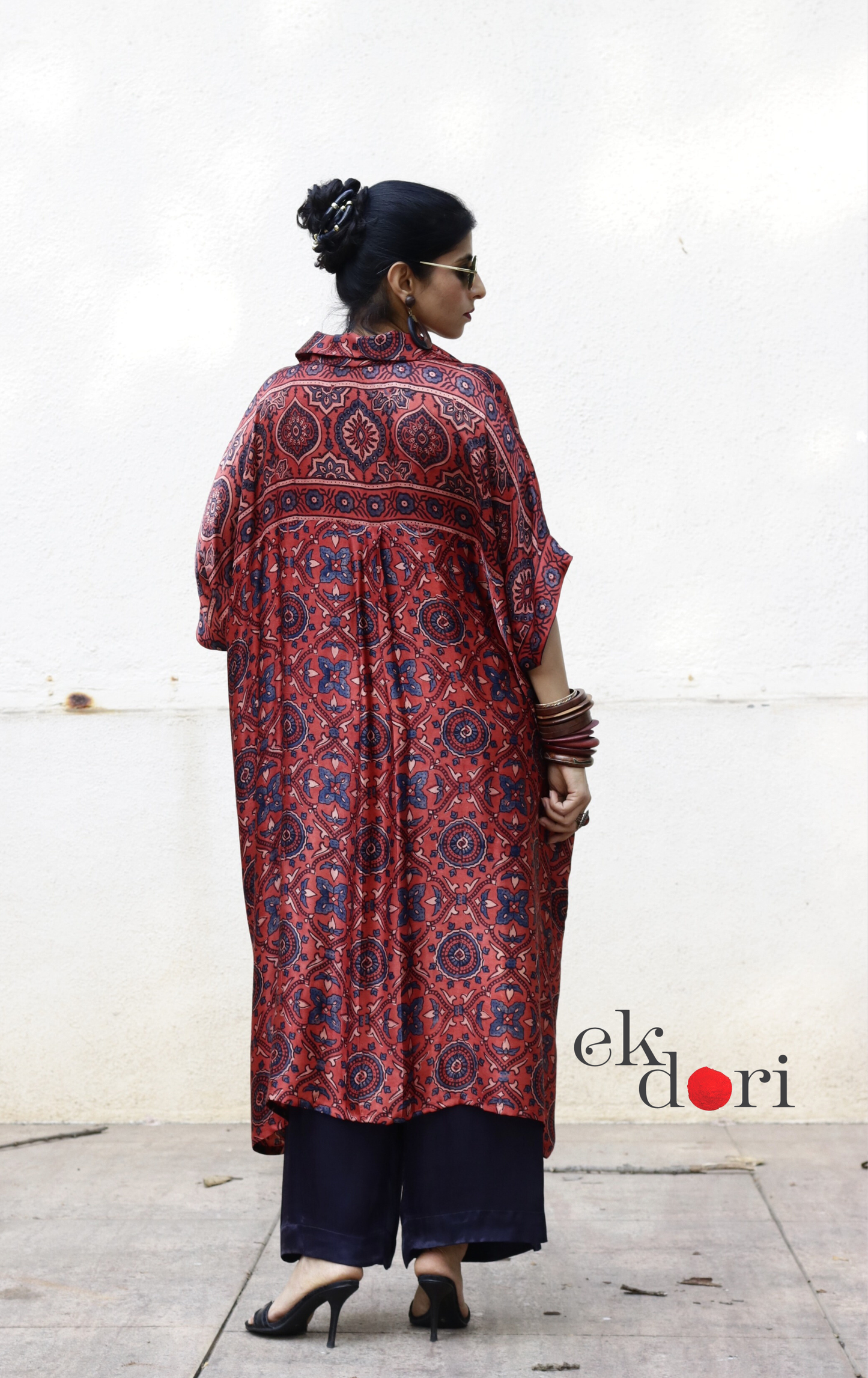 Ajrakh Kaftan Kurta Dress 'Gulzaar' : Modal Ajrakh Hand Block Kaftan Kurta &amp; Palazzo Set