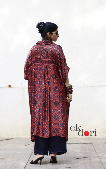 Ajrakh Kaftan Kurta Dress 'Gulzaar' : Modal Ajrakh Hand Block Kaftan Kurta &amp; Palazzo Set