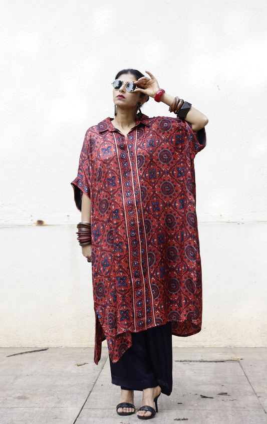 Ajrakh Kaftan Kurta Dress 'Gulzaar' : Modal Ajrakh Hand Block Kaftan Kurta &amp; Palazzo Set