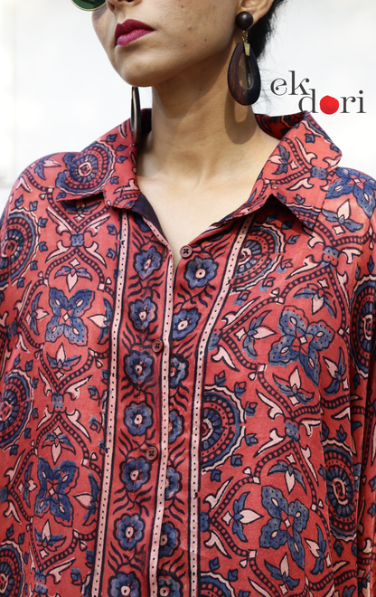 Ajrakh Kaftan Kurta Dress 'Gulzaar' : Modal Ajrakh Hand Block Kaftan Kurta &amp; Palazzo Set