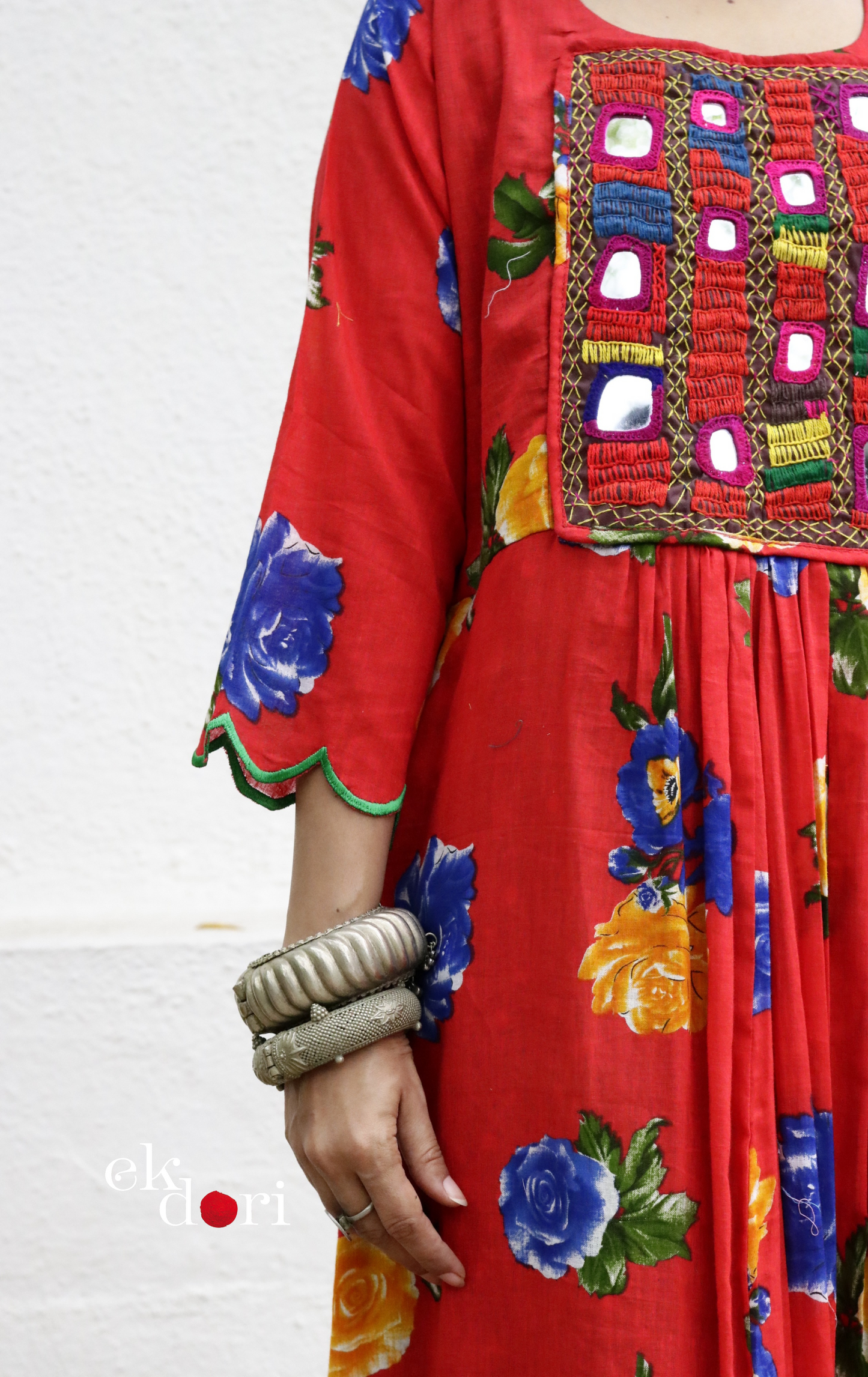 Cotton Dress With Mirror Hand Embroiderey &amp; Scalloped Edges : 'Blue Roses' Cotton Summer Dress