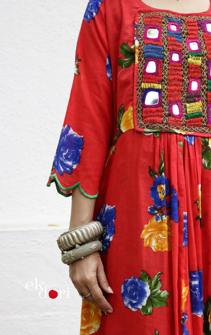 Cotton Dress With Mirror Hand Embroiderey &amp; Scalloped Edges : 'Blue Roses' Cotton Summer Dress