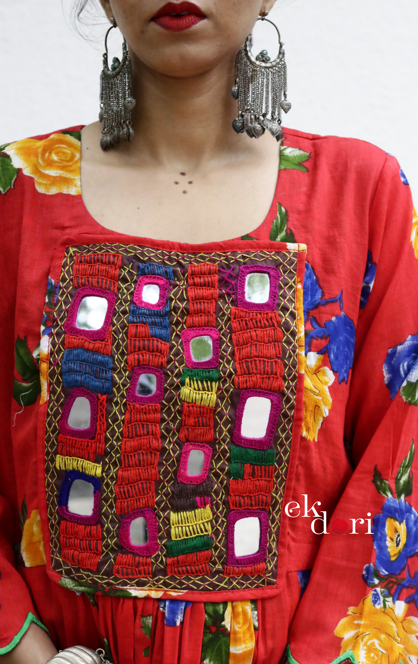 Cotton Dress With Mirror Hand Embroiderey &amp; Scalloped Edges : 'Blue Roses' Cotton Summer Dress