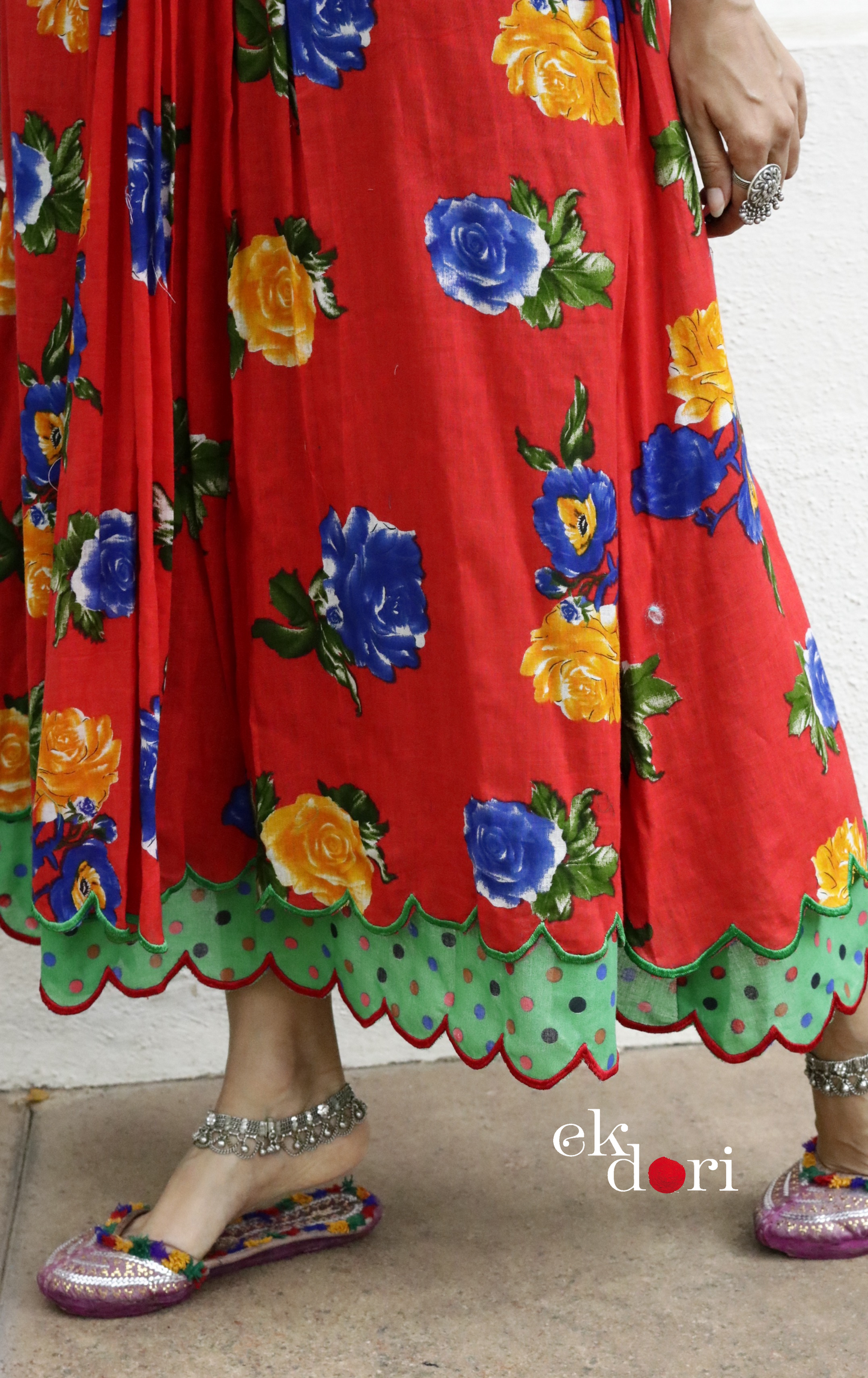 Cotton Dress With Mirror Hand Embroiderey &amp; Scalloped Edges : 'Blue Roses' Cotton Summer Dress