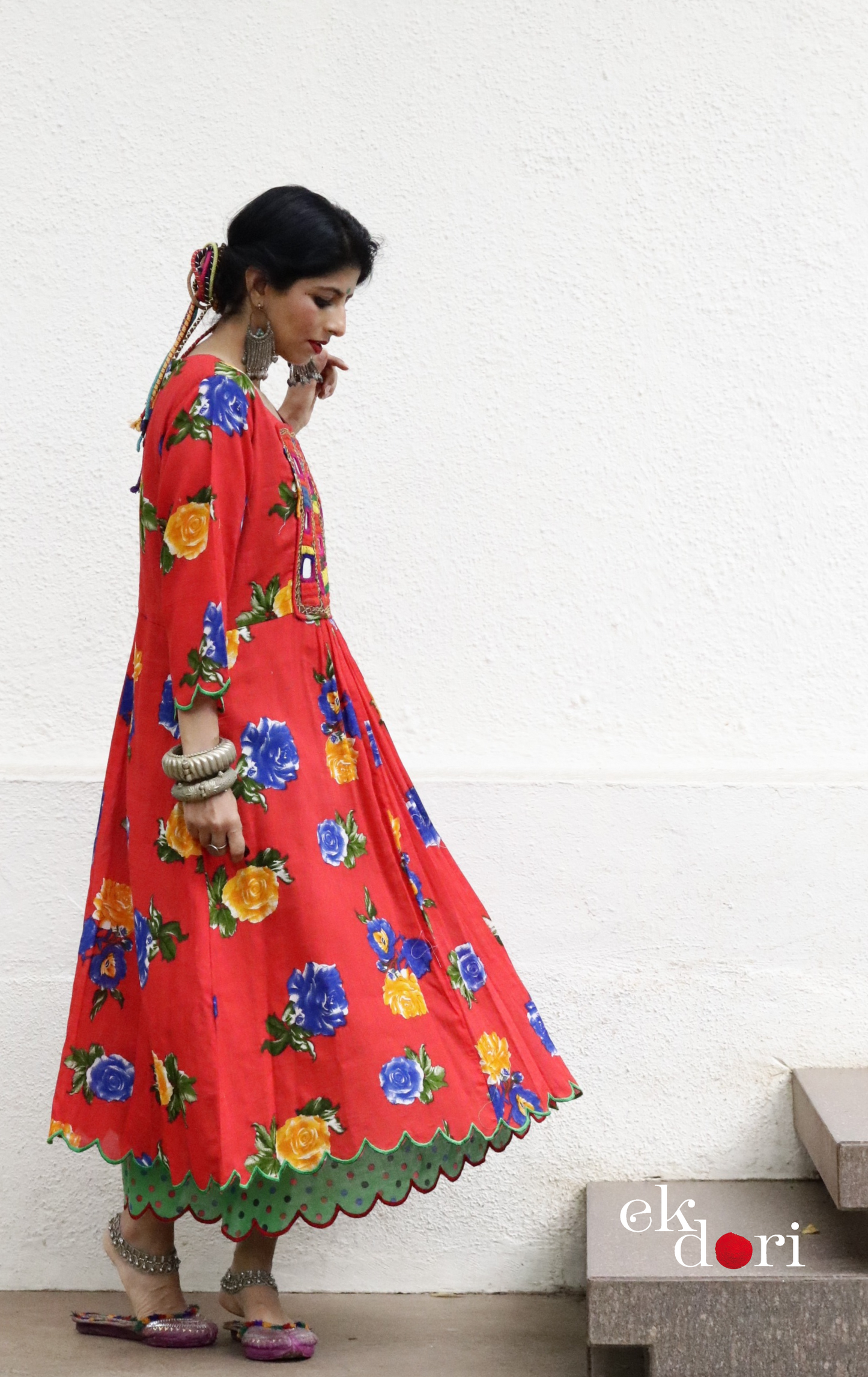 Cotton Dress With Mirror Hand Embroiderey &amp; Scalloped Edges : 'Blue Roses' Cotton Summer Dress