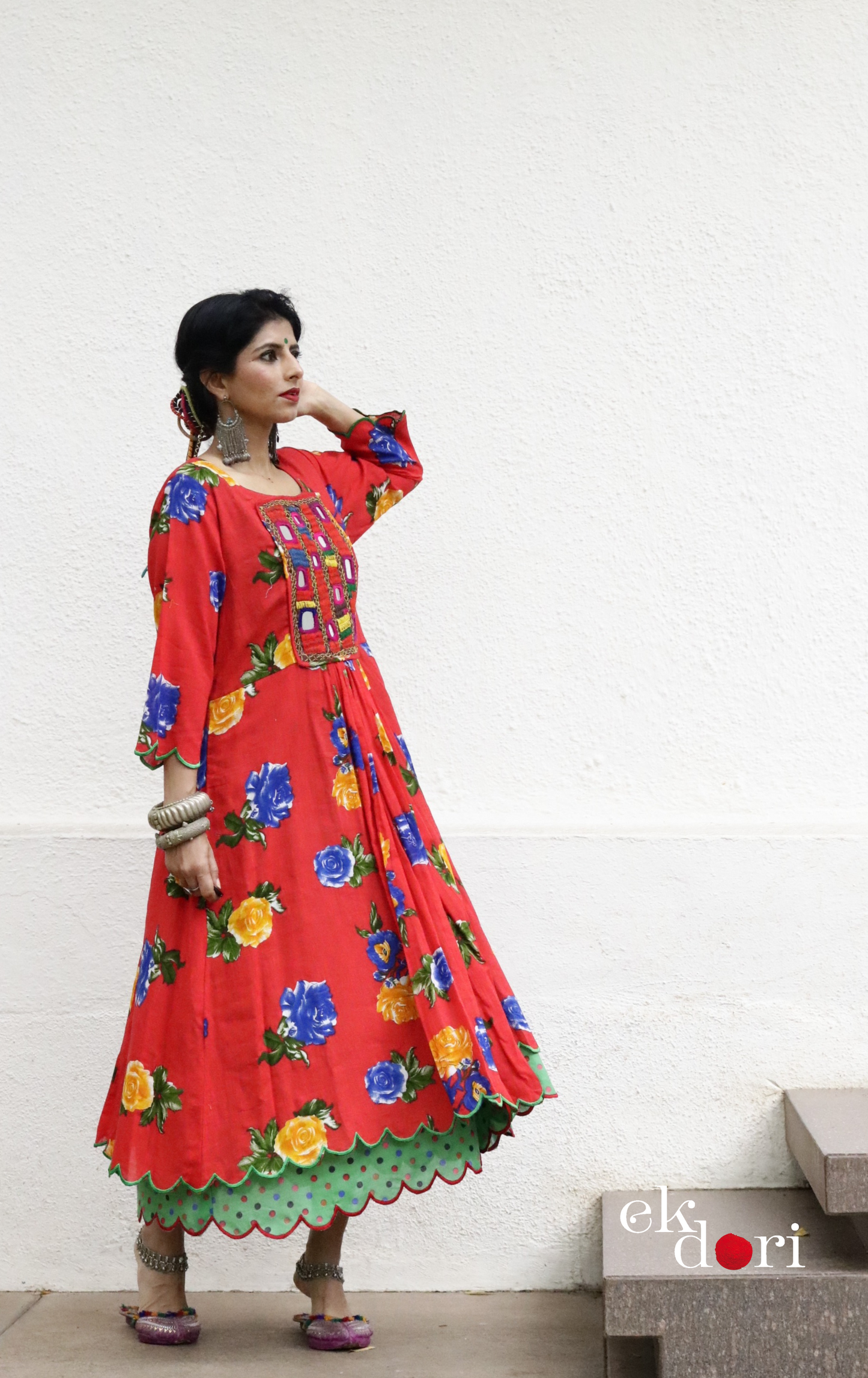 Cotton Dress With Mirror Hand Embroiderey &amp; Scalloped Edges : 'Blue Roses' Cotton Summer Dress