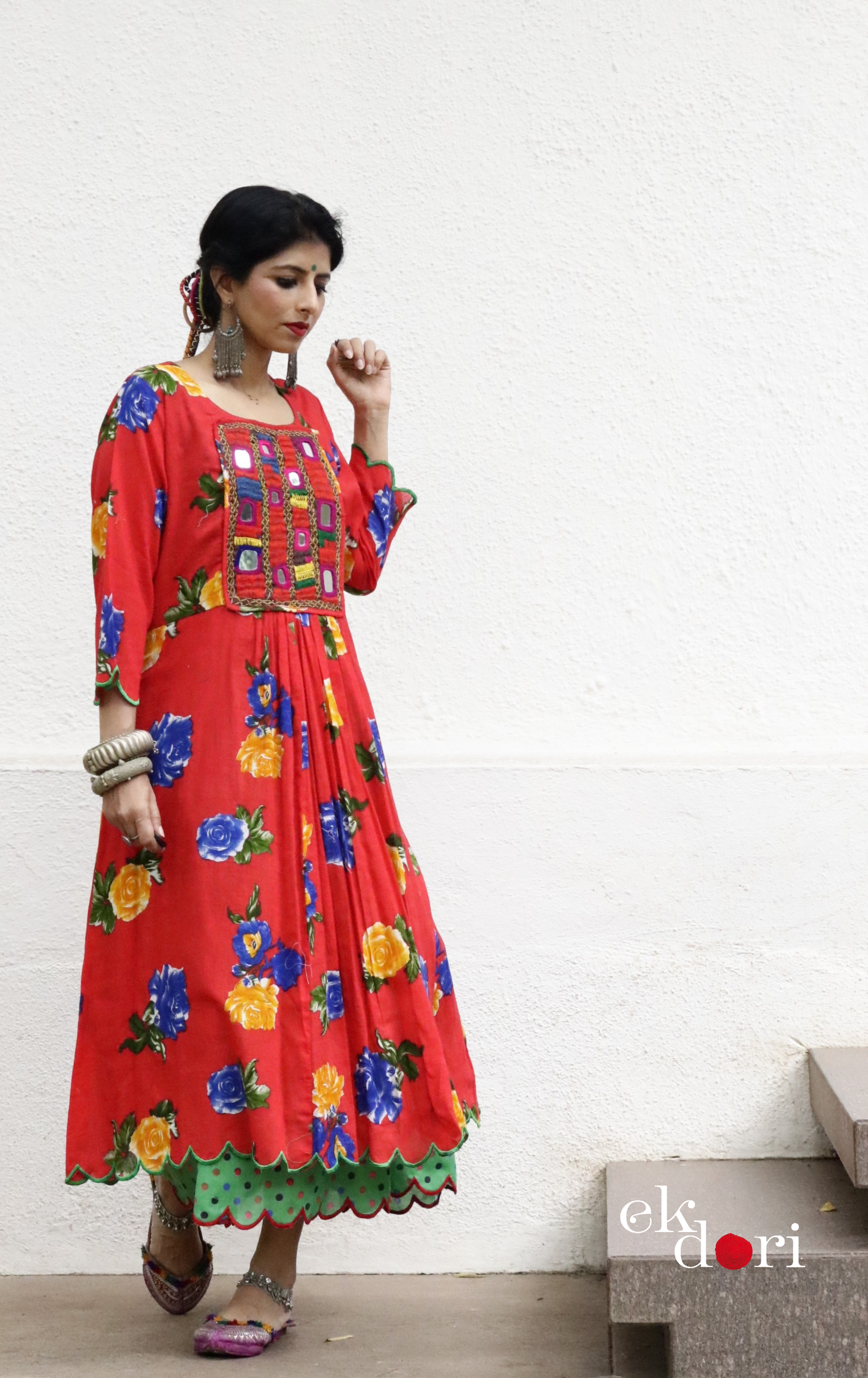 Cotton Dress With Mirror Hand Embroiderey & Scalloped Edges : 'Blu Ek Dori Cotton Dress With Mirror Hand Embroiderey & Scalloped Edges : 'Blu Ek Dori