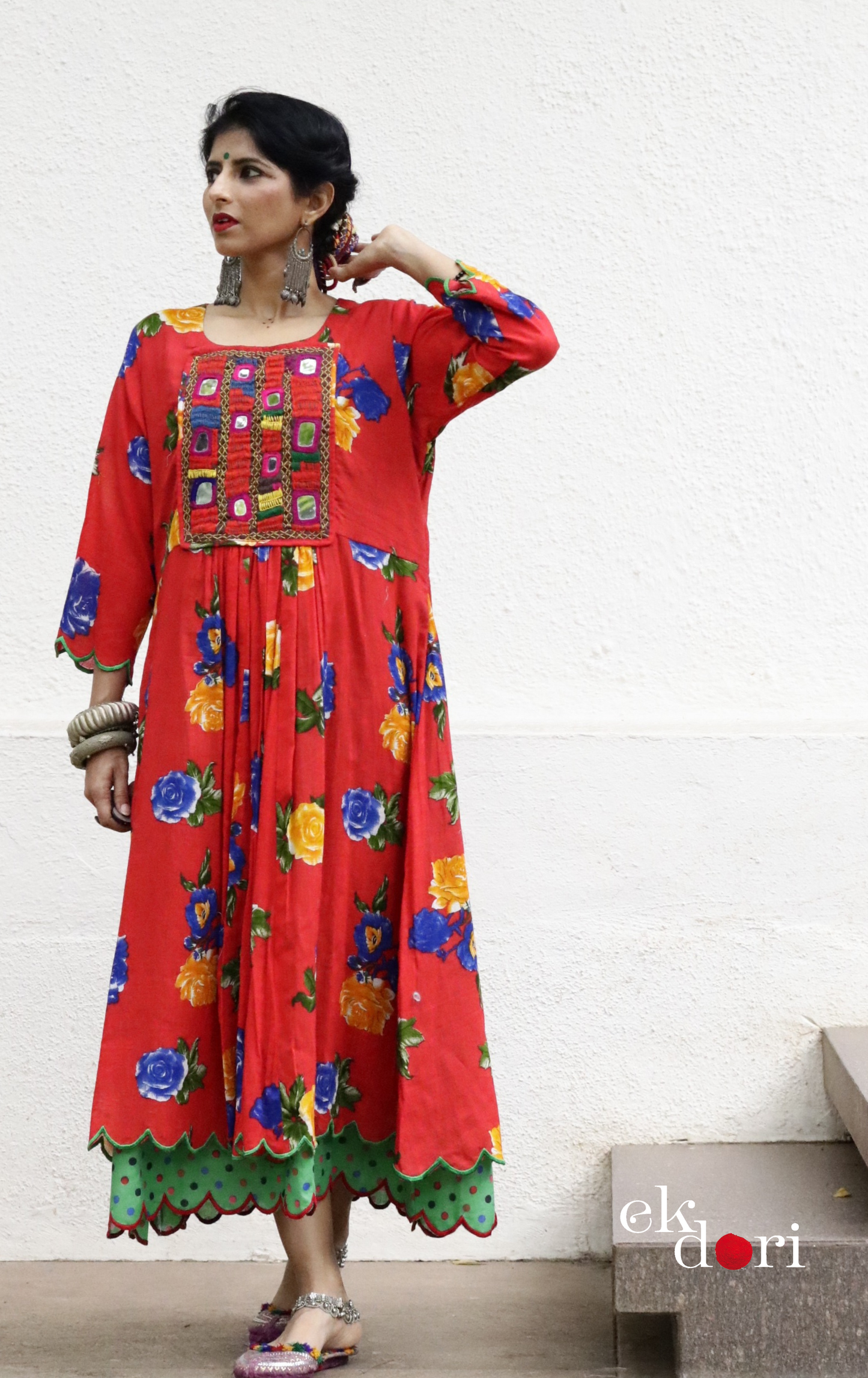 Cotton Dress With Mirror Hand Embroiderey &amp; Scalloped Edges : 'Blue Roses' Cotton Summer Dress