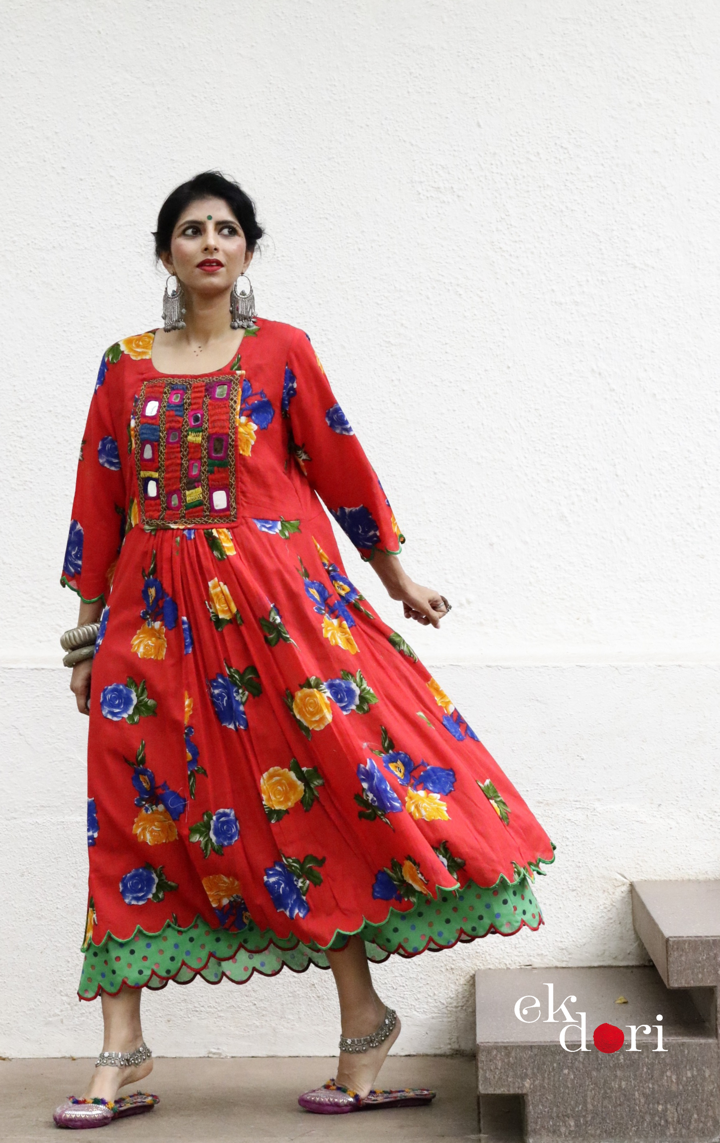 Cotton Dress With Mirror Hand Embroiderey &amp; Scalloped Edges : 'Blue Roses' Cotton Summer Dress