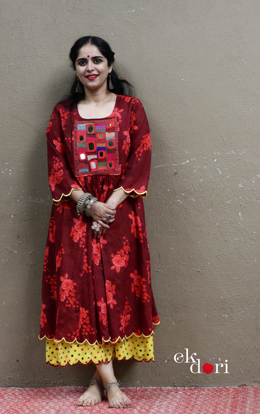 Cotton Dress With Mirror Hand Embroiderey &amp; Scalloped Edges : 'Red Roses' Cotton Summer Dress