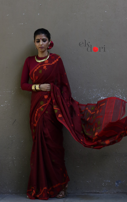 Buy Red Soft Cotton Needle Jamdani Saree : Needle Jamdani Handmade Handloom Saree 'Sindoori'