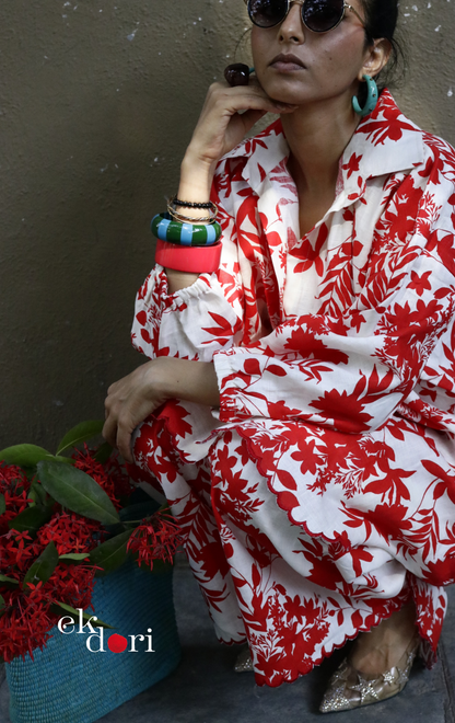 'Gulmohar Tree' Scalloped Kurta Co-ord Set : Buy Cotton Linen Kurta Palazzo Fun Co-ord Set