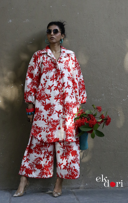 'Gulmohar Tree' Scalloped Kurta Co-ord Set : Buy Cotton Linen Kurta Palazzo Fun Co-ord Set