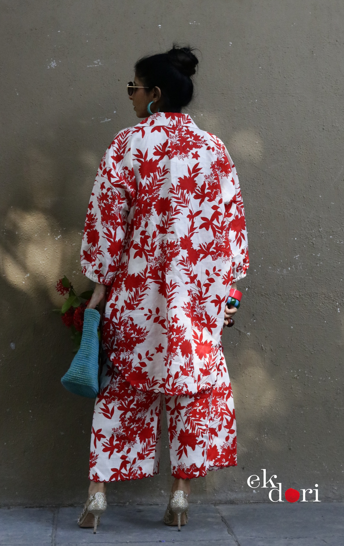 'Gulmohar Tree' Scalloped Kurta Co-ord Set : Buy Cotton Linen Kurta Palazzo Fun Co-ord Set