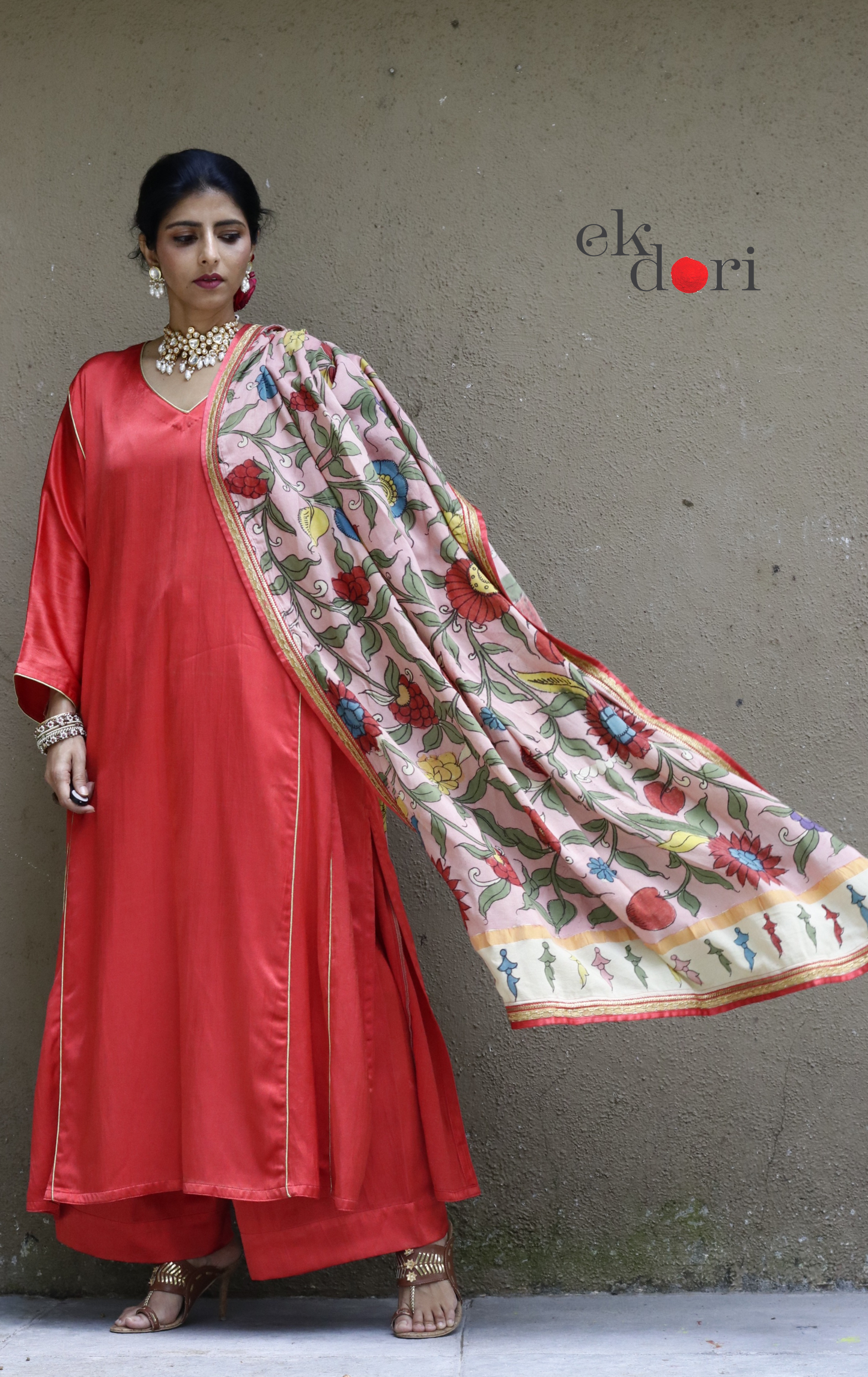 Mashru Kurta Co-ord Set in Red With Kalamkari Dupatta : Buy 'Gulaal' Kurta Palazzo Dupatta Festive Co-ord Set